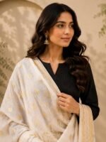 Women's Nylon Dupatta, Cream, Geometric Woven - Image 3