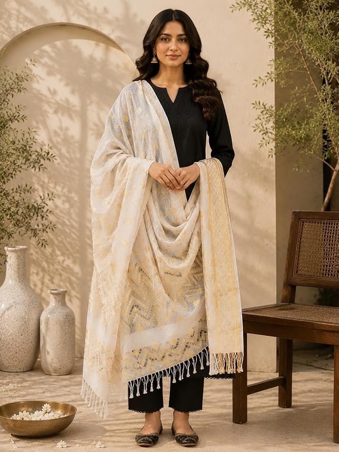71ReKg51SlL._SY879_.jpg Women's Nylon Dupatta, Cream, Geometric Woven - Image 1