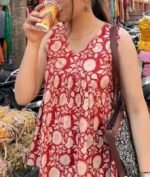 Women's Rayon Red Floral Block Print Short Kurti | Sleeveless V-Neck Peplum Top, Casual Tunic - Image 3