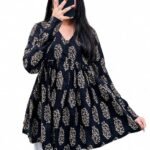 Women's V Neck Anarkali Short Kurti for Women Full Sleeve Floral Print |Stylish Kurtis & Short Kurtis for Woman | Casual Kurti with Jeans | Kurtas for Woman
