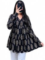 Women's V Neck Anarkali Short Kurti for Women Full Sleeve Floral Print |Stylish Kurtis & Short Kurtis for Woman | Casual Kurti with Jeans | Kurtas for Woman