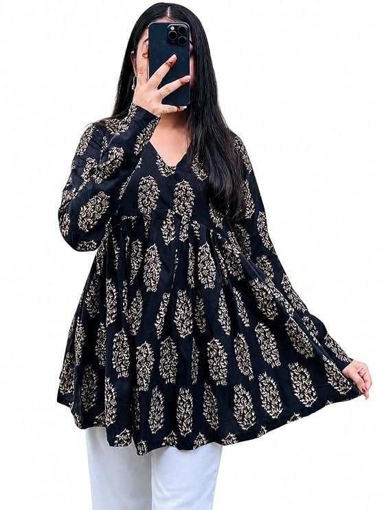 71Yok0vIcwL._SY741_.jpg Women's V Neck Anarkali Short Kurti for Women Full Sleeve Floral Print |Stylish Kurtis & Short Kurtis for Woman | Casual Kurti with Jeans | Kurtas for Woman - Image 1