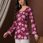 Rayon Floral Print Short Kurti for Women | Square Neck Long Sleeve Top for Women | Criss Cross Back Desing Kurti | Soft Breathable Fabric | Relaxed Fit | Casual and Office Wear
