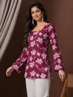 Rayon Floral Print Short Kurti for Women | Square Neck Long Sleeve Top for Women | Criss Cross Back Desing Kurti | Soft Breathable Fabric | Relaxed Fit | Casual and Office Wear