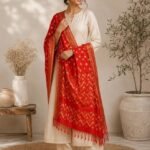Women Nylon Red Geometric Woven Dupatta