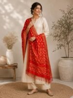 Women Nylon Red Geometric Woven Dupatta