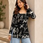 Women’s Black Printed Short Kurti | Stylish Square Neck Full Sleeve Tunic Top | Abstract Print Casual Kurta | Trendy Ethnic for Women