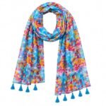 Women's Floral Print Scarf with Tassel Trim, Blue Multicolour