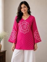 Women's Bandhani Print Pure Cotton Short Kurti Top | V-Neck Flared Tunic | Full Bell Sleeve Casual Ethnic Kurta for Women | Regular Fit - Image 4