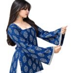 Women's Blue Printed Kurti with Flared Sleeves | Stylish Ethnic Wear Kurta | Short Kurta for Women | Women's Kurta