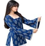 Women's Blue Printed Kurti with Flared Sleeves | Stylish Ethnic Wear Kurta | Short Kurta for Women | Women's Kurta