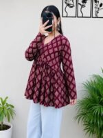 Women's V Neck Anarkali Short Kurti for Women Full Sleeve Floral Print |Stylish Kurtis & Short Kurtis for Woman | Casual Kurti with Jeans | Kurtas for Woman - Image 2