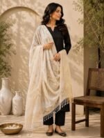 Women's Nylon Dupatta, Cream, Geometric Woven - Image 2