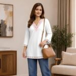 Zakiya Women's Cotton Short Kurti | Embroidered V Neck 3/4 Sleeve Casual White Short Kurti for Women. - Image 2