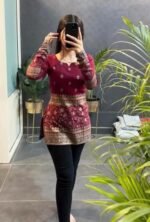 Women's Printed Short Kurti, Maroon Traditional Pattern - Image 2