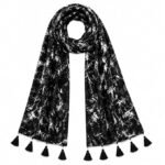 Black & White Abstract Print Scarf with Tassel and Pearl Detail