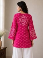 Women's Bandhani Print Pure Cotton Short Kurti Top | V-Neck Flared Tunic | Full Bell Sleeve Casual Ethnic Kurta for Women | Regular Fit - Image 2