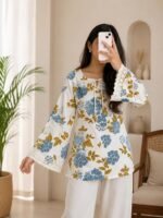 Women’s Cotton Floral Printed Short Kurti | Floral Print Kurta for Women | 3/4 Sleeve Casual Ethnic Top with Lace Detail & Round Neck | Stylish Daily & Office Wear Kurti - Image 2