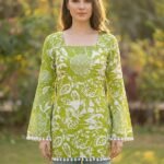 Women's Premium Viscose Rayon Floral Printed Short Kurti | Stylish Bell Sleeves with Pom-Pom Lace | Tunic Top for Jeans & Office Wear