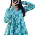 Women's V Neck Anarkali Short Kurti for Women Full Sleeve Floral Print |Stylish Kurtis & Short Kurtis for Woman | Casual Kurti with Jeans | Kurtas for Woman