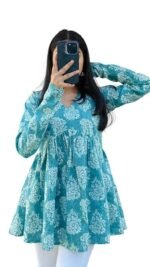 Women's V Neck Anarkali Short Kurti for Women Full Sleeve Floral Print |Stylish Kurtis & Short Kurtis for Woman | Casual Kurti with Jeans | Kurtas for Woman