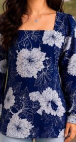Women's Short Kurti for Women | Square Neck Floral Printed Kurti | Full Sleeve Casual Kurti Top | Stylish Ethnic Tunic for Jeans | Regular Fit Office Wear - Image 2