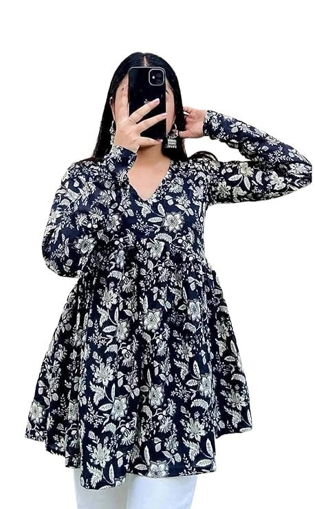 81KFstybz-L._SY741_.jpg Women’s Gathered Floral Short Kurti | Printed Rayon Top | Length 28 Inch Stylish Casual Kurta for Girls & Women - Image 1