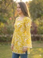 Women's Premium Viscose Rayon Floral Printed Short Kurti | Stylish Bell Sleeves with Pom-Pom Lace | Teal Blue Tunic Top for Jeans & Office Wear - Image 3
