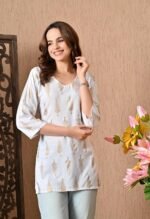 Short Kurti for Women for Jeans, Rayon Cotton Kurtis for Ladies, Gold Printed U Neck Women's Tunic Design Kurta, Top Floral Kurtas for Woman - Image 2
