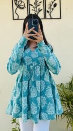 Women's V Neck Anarkali Short Kurti for Women Full Sleeve Floral Print |Stylish Kurtis & Short Kurtis for Woman | Casual Kurti with Jeans | Kurtas for Woman - Image 3