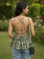 Printed Round Neck Sleeveless Backless Short Flared Western Ethnic Kurti Top for Women's & Girl's - Image 2