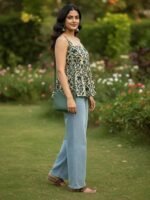 Printed Round Neck Sleeveless Backless Short Flared Western Ethnic Kurti Top for Women's & Girl's - Image 3