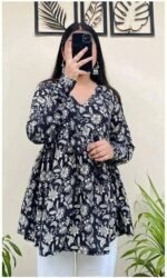 Women’s Gathered Floral Short Kurti | Printed Rayon Top | Length 28 Inch Stylish Casual Kurta for Girls & Women - Image 2