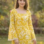 Women's Premium Viscose Rayon Floral Printed Short Kurti | Stylish Bell Sleeves with Pom-Pom Lace | Teal Blue Tunic Top for Jeans & Office Wear