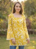 Women's Premium Viscose Rayon Floral Printed Short Kurti | Stylish Bell Sleeves with Pom-Pom Lace | Teal Blue Tunic Top for Jeans & Office Wear