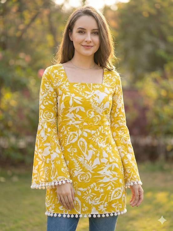 81tdE4msvyL._SY741_.jpg Women's Premium Viscose Rayon Floral Printed Short Kurti | Stylish Bell Sleeves with Pom-Pom Lace | Teal Blue Tunic Top for Jeans & Office Wear - Image 1