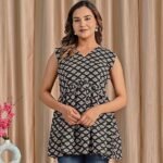 Black Red Sleeveless Kurti for Women | Straight Fit Ethnic Kurti with Printed Design and Clean Neckline | Suitable for Casual