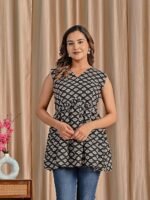 Black Red Sleeveless Kurti for Women | Straight Fit Ethnic Kurti with Printed Design and Clean Neckline | Suitable for Casual