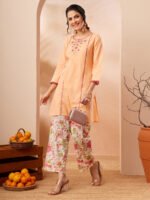 Peach Pure Cotton Yoke Embroidered Straight Cord Set - Image 2