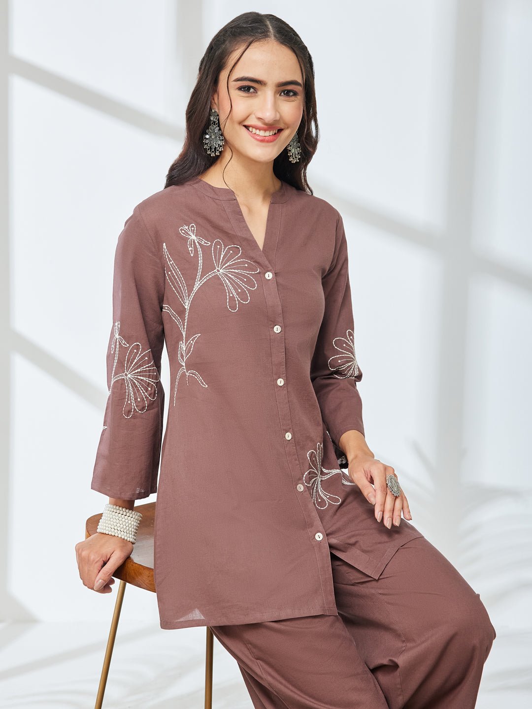 JAA26CD03863_1.jpg Brown Pure Cotton Embroidered A-Line Cord Set - Image 1
