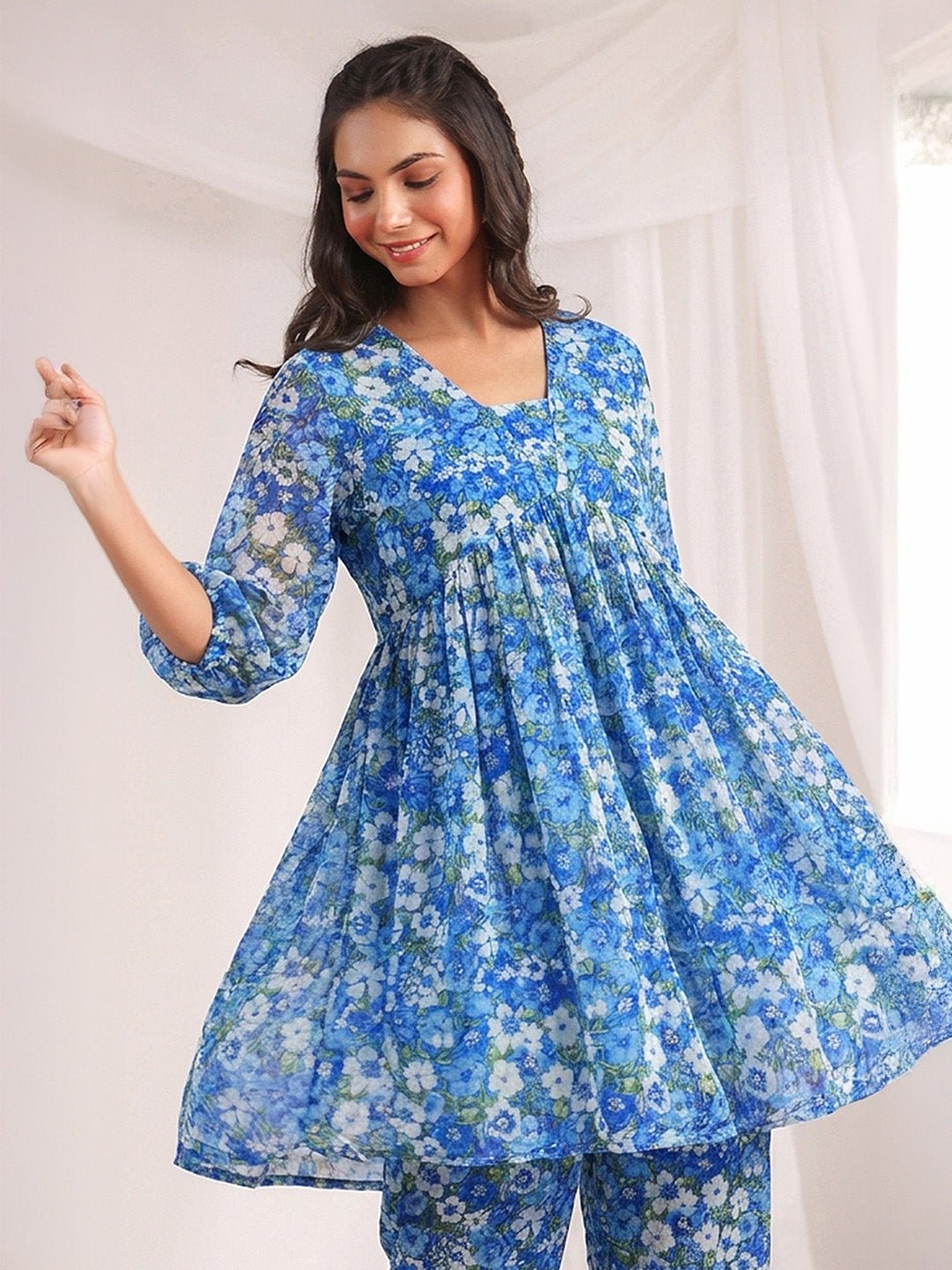 JAA26CD04425_1.jpg Blue Georgette Floral Printed A-Line Cord Set - Image 1