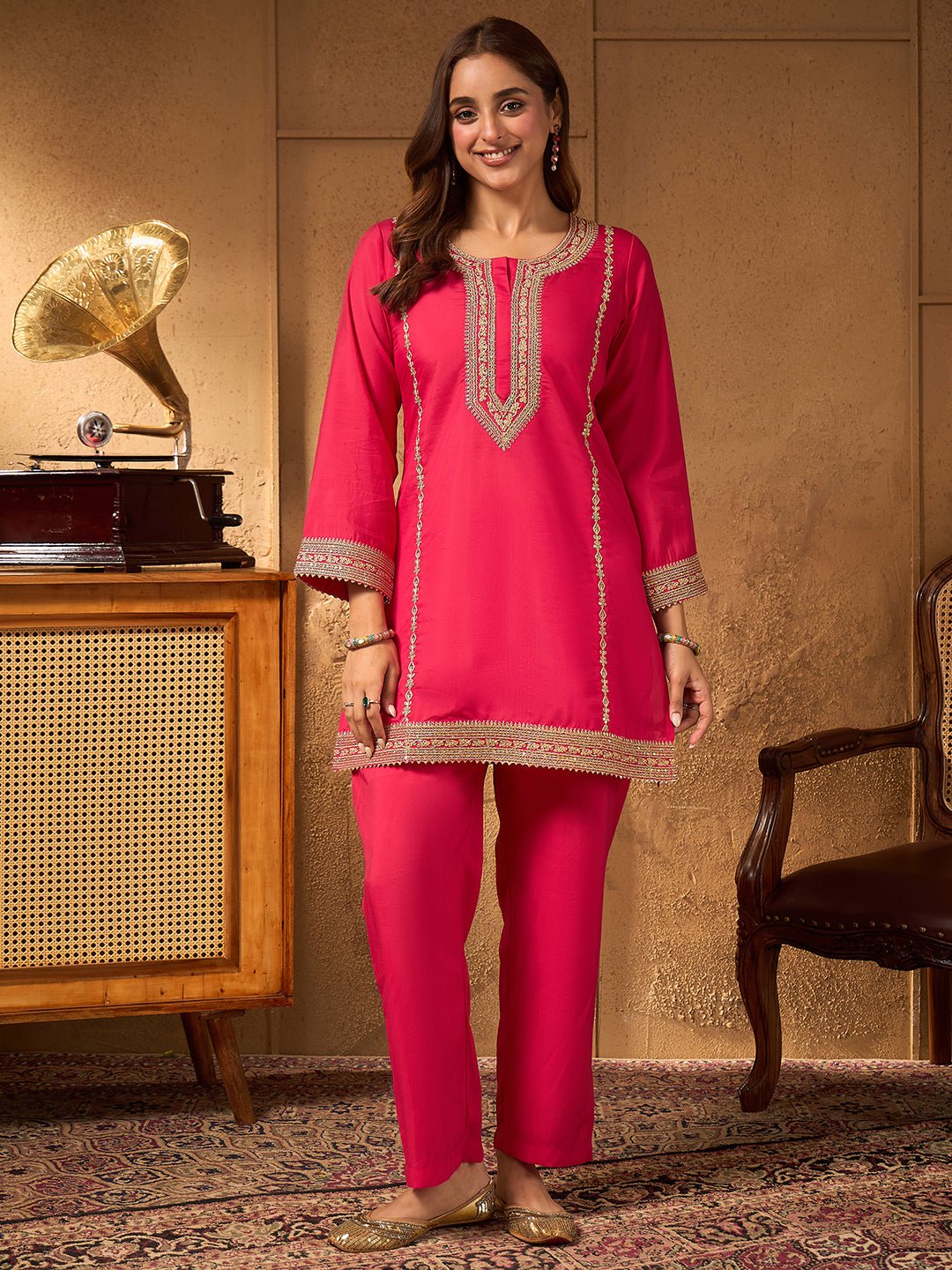 JAC26CD04390_1.jpg Pink Silk Blend Embroidered A-Line Cord Set - Image 1