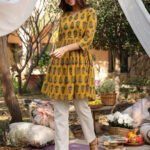 Mustard Pure Cotton Floral Printed A-Line Short Kurti - Style 03919