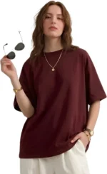 Solid Round Neck Cotton Blend Maroon T-Shirt