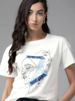 Women Printed Round Neck Pure Cotton White T-Shirt