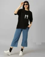 Women Printed Round Neck Cotton Blend Black T-Shirt - Image 5