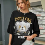 Women Printed, Typography Round Neck Polycotton Black T-Shirt
