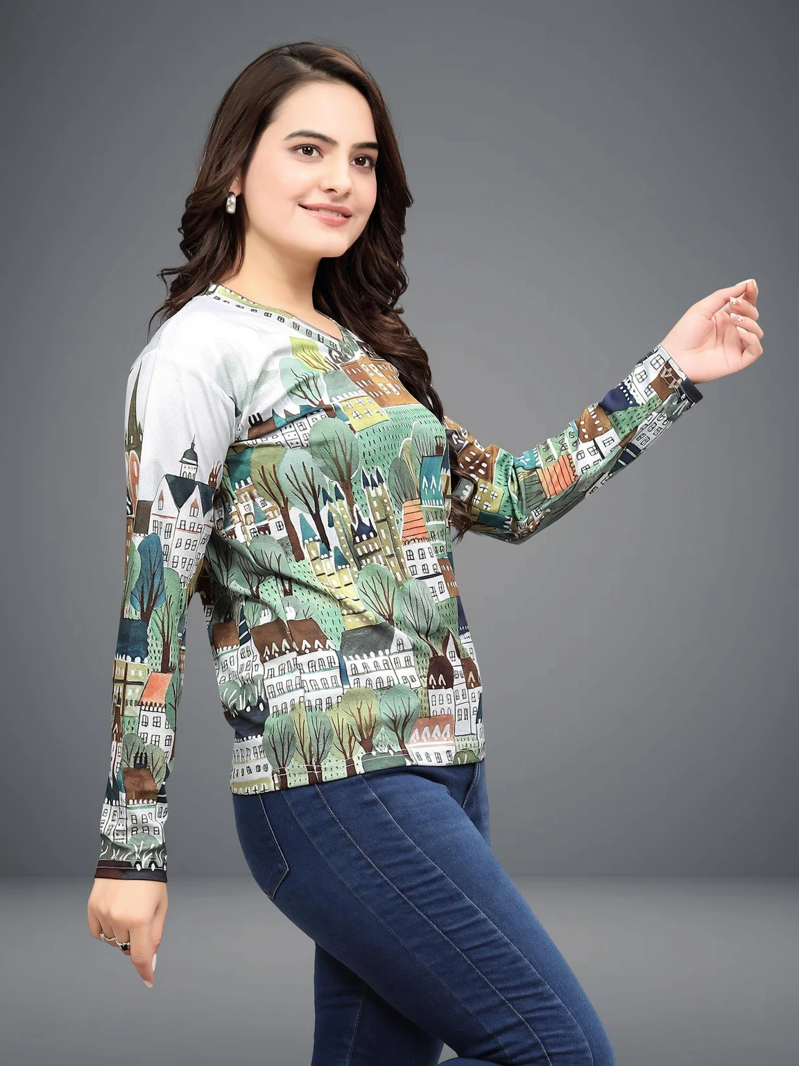 l-women-t-shirts-salujafabric-resized-original-imah9hpghshvdzyf.webp Women Printed Round Neck Polyester Grey T-Shirt - Image 1