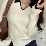 Women Self Design Polo Neck Cotton Blend Beige T-Shirt