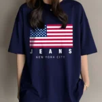 Women Printed Round Neck Cotton Blend Blue T-Shirt